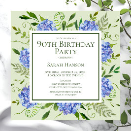 Convite Hortênsias Azuis de Aniversário de 90 Anos Aquarel
