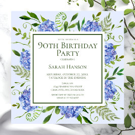 Convite Hortênsias Azuis de Aniversário de 90 Anos Aquarel