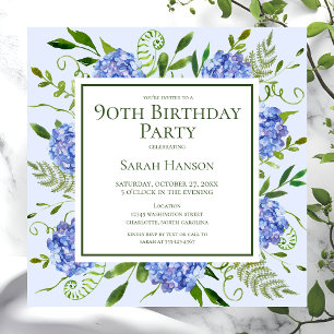 Convite Hortênsias Azuis de Aniversário de 90 Anos Aquarel
