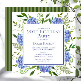 Convite Hortênsias Azuis de Aniversário de 90 Anos Aquarel