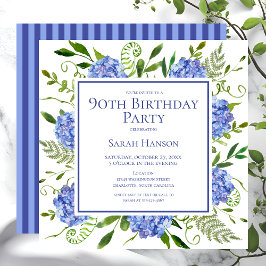 Convite Hortênsias Azuis de Aniversário de 90 Anos Aquarel