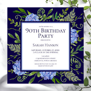 Convite Hortênsias Azuis de Aniversário de 90 Anos Aquarel