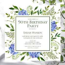 Convite Hortênsias Azuis de Aniversário de 90 Anos Aquarel