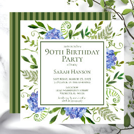Convite Hortênsias Azuis de Aniversário de 90 Anos Aquarel