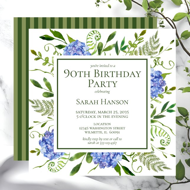 Convite Hortênsias Azuis de Aniversário de 90 Anos Aquarel (Criador carregado)