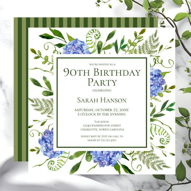 Convite Hortênsias Azuis de Aniversário de 90 Anos Aquarel (Criador carregado)