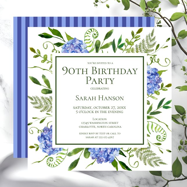 Convite Hortênsias Azuis de Aniversário de 90 Anos Aquarel (Criador carregado)