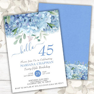 Convite Hortênsias Azuis Floral Aquarela Aniversário de 45