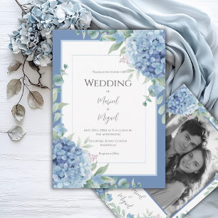 Convite Hortênsias Azuis Foto Floral Casamento Elegante