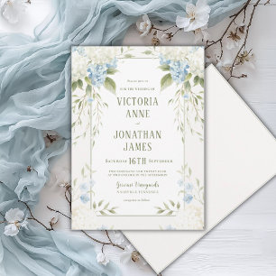 Convite Hortênsias Brancas Elegantes Casamento Floral Azul