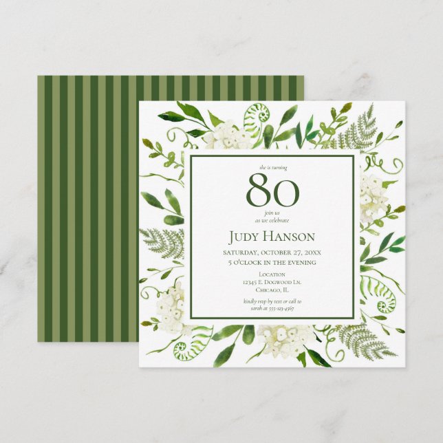 Convite Hortênsias Brancas para 80º Aniversário (Frente/Verso)