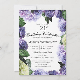 Convite Hortênsias Marfim e Roxo   Aniversário de 21 anos 