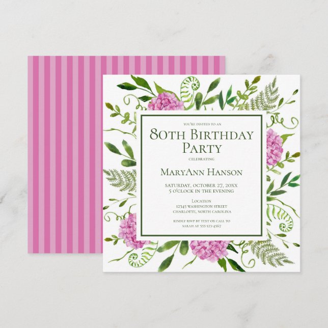 Convite Hortênsias Rosa de Aniversário de 80 anos Aquarela (Frente/Verso)