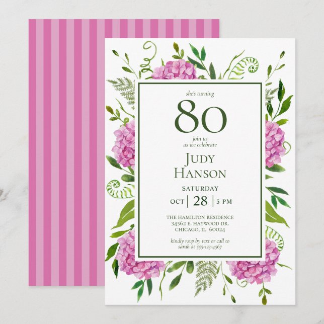 Convite Hortênsias Rosa pelo 80º Aniversário (Frente/Verso)