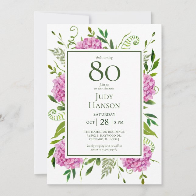Convite Hortênsias Rosa pelo 80º Aniversário (Frente)