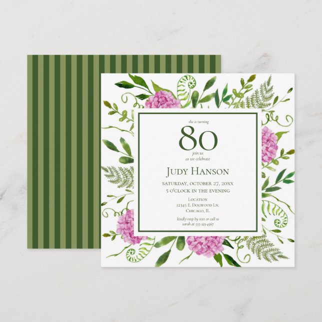 Convite Hortênsias Rosa pelo 80º Aniversário (Frente/Verso)