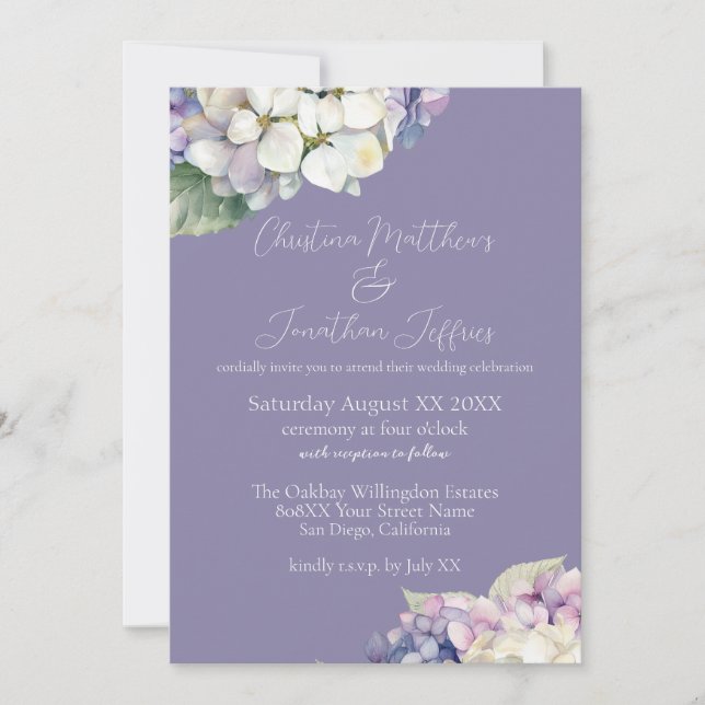 Convite Hortênsias Roxas e Brancas em Casamento Lavanda (Frente)