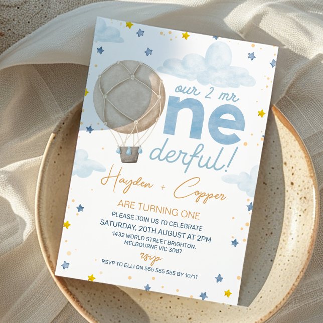 Convite Hot Air Balloon Twins Dois Sr. Onederdful Birthday (Twins Hot Air Balloon Two Mr Onederful Birthday Invitation, Twin Boys Mr Onederful Birthday Invite)