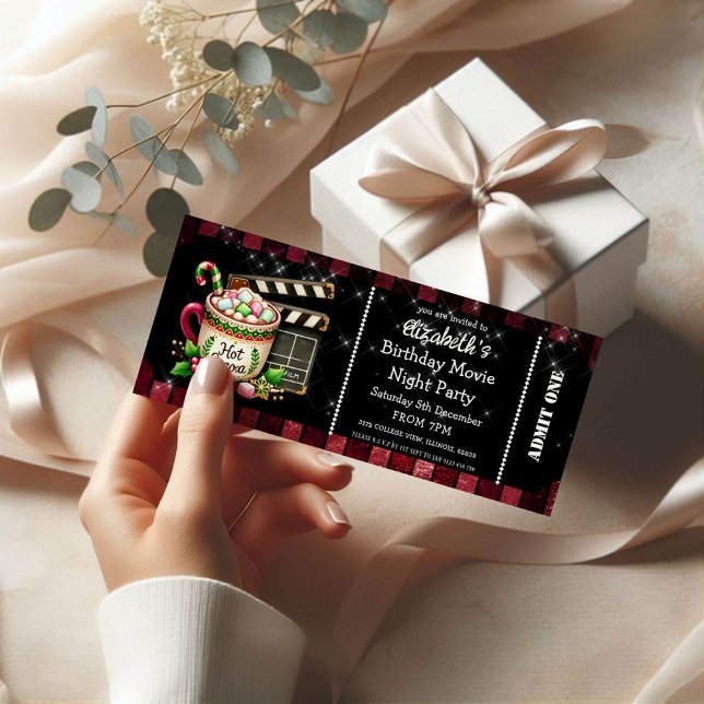 Convite Hot Cocoa Movie Night Birthday Party Ticket (Criador carregado)