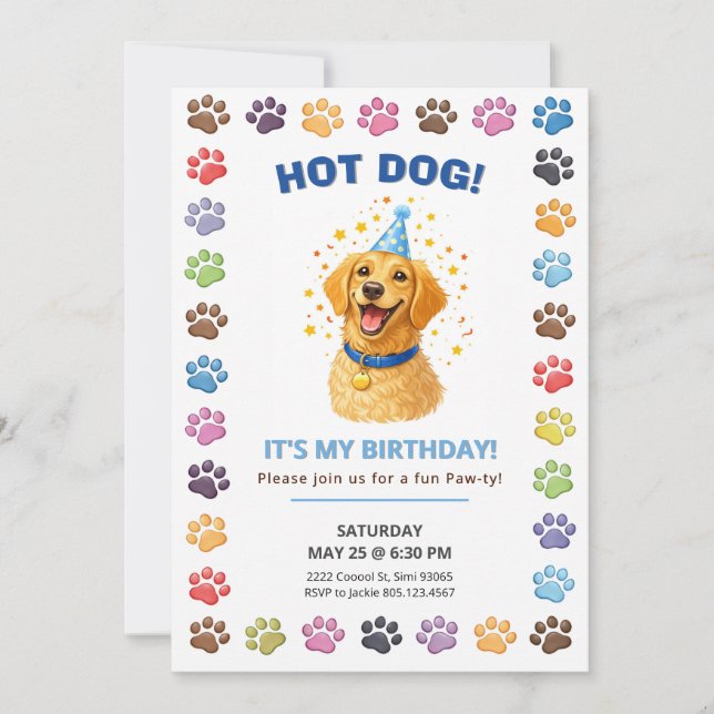 Convite Hot Dog It’s My Birthday, Puppy Paw-ty  (Frente)