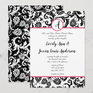 Convite Hot Pink & Black Floral Damask Wedding Invitation