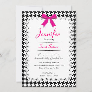 Convite Hot Pink & Black White Houndstooth Sweet 16