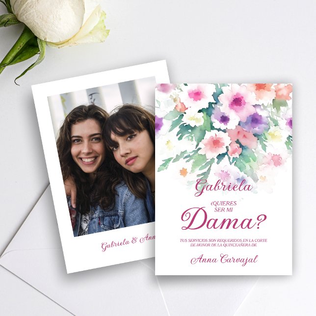 Convite Hot Pink Charming Delicate Wildflowers Quinceañera (Hot Pink Spanish Charming Delicate Colorful Wildflowers Quinceañera Dama with Photo Proposal Card. )