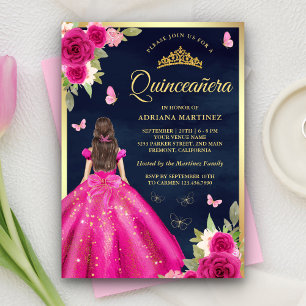 Convite Hot Pink Floral Borboleta Azul Marinho Dourado Qui