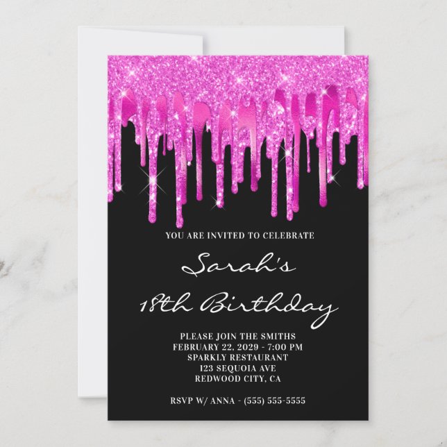 Convite Hot Pink Glitter Foil Drips Black 18th Birthday (Frente)