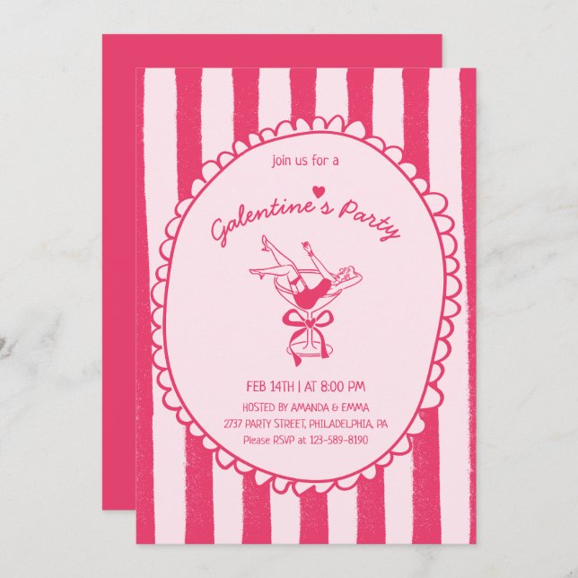 Convite Hot Pink Hand Drawn Galentine's Day Party (Frente/Verso)