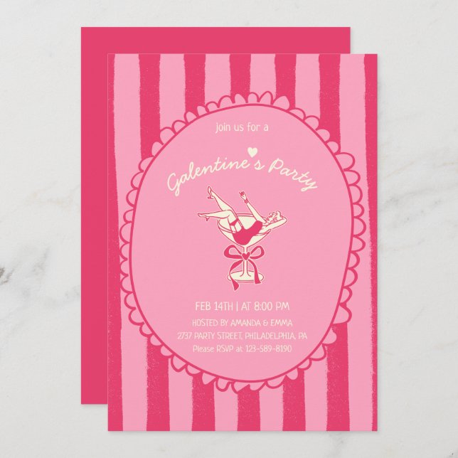 Convite Hot Pink Hand Drawn Galentine's Day Party (Frente/Verso)