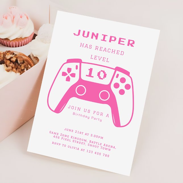 Convite Hot Pink Level Up Gamer Girls Birthday Party (Criador carregado)