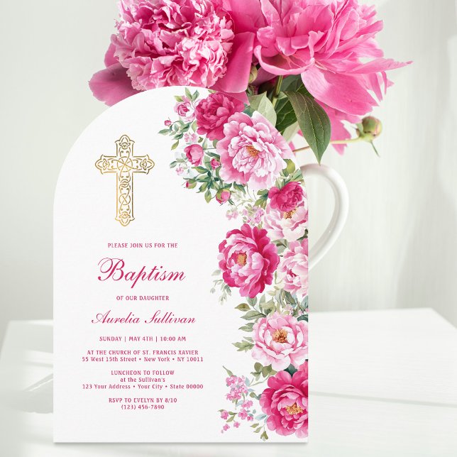 Convite Hot Pink Peonies Arch Baptism (Criador carregado)