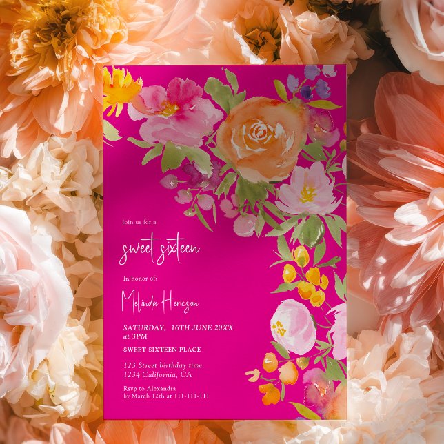 Convite Hot Pink romantic summer floral sweet 16 (Hot Pink romantic summer floral sweet 16 Invitation)