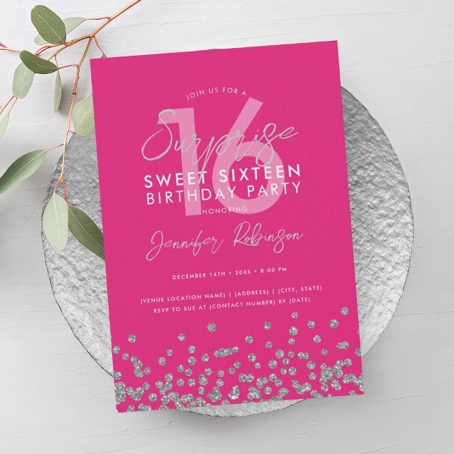 Convite Hot Pink Silver Glitter Surprise Sweet 16 (Hot Pink Silver Glitter Surprise Sweet 16 Invitation)
