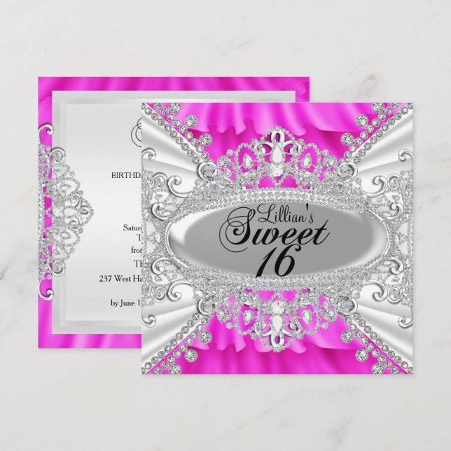 Convite Hot Pink Sparkle Diamond Sweet 16 Invite (Frente/Verso)