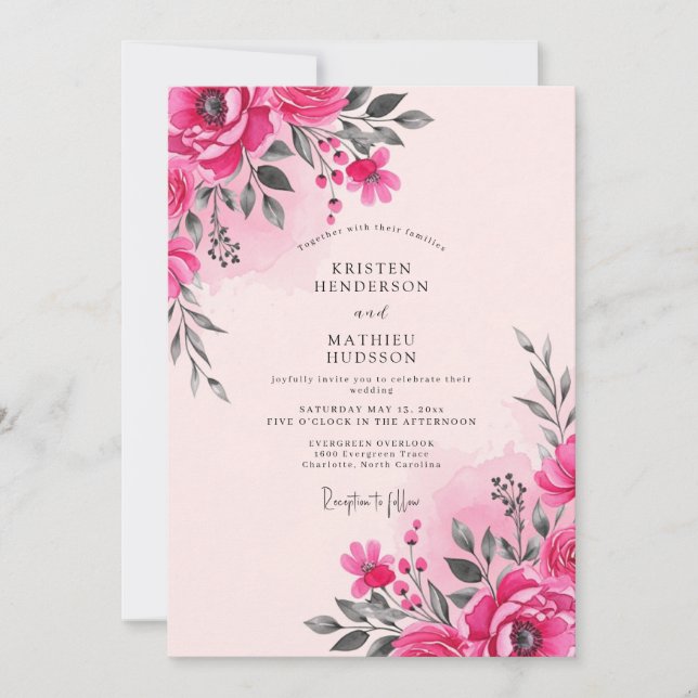 Convite Hot Pink Watercolor Spring Wedding (Frente)