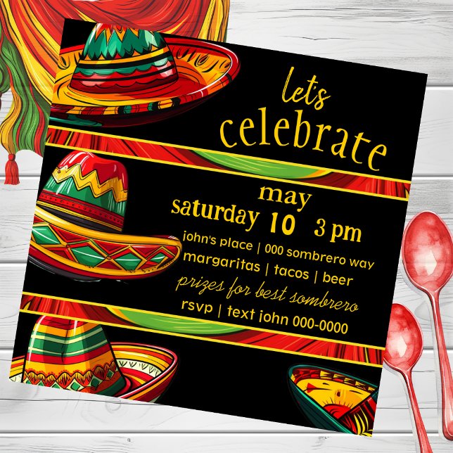 Convite Hot Sombrero | Verde Amarelo vermelho | Fiesta The (Bold colors for cinco de mayo birthday party celebrations for him and her customizable invite. )