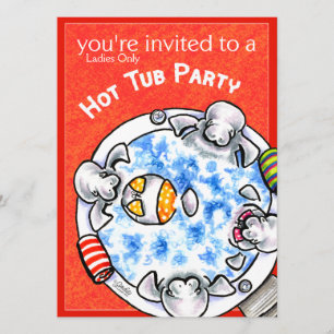 Convite Hot Tub Party Funny Manatees Off-Leash Art™ Red