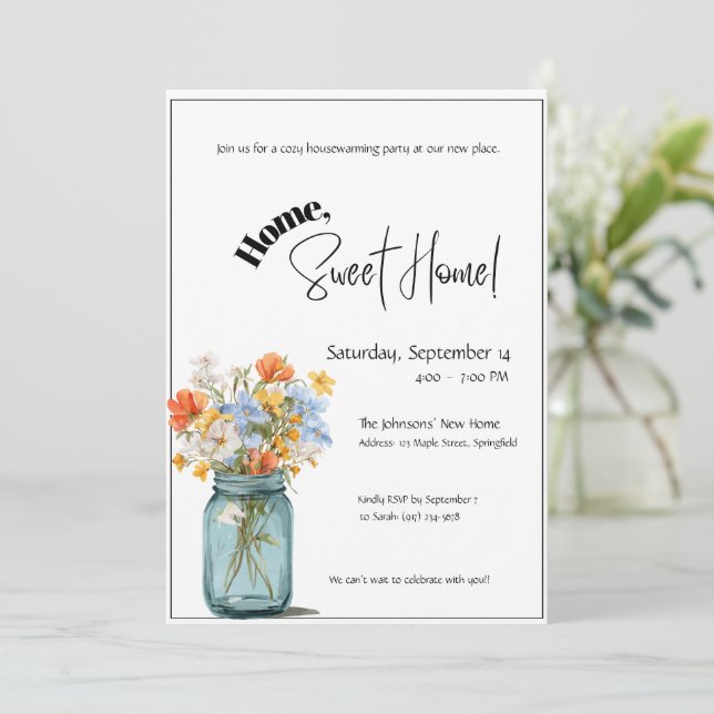 Convite Housewarming Invitation • Home Sweet Home Floral (Em pé/Frente)