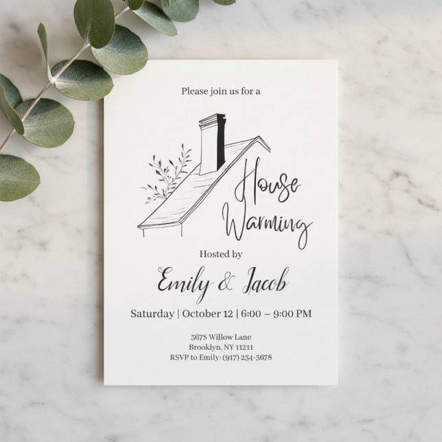 Convite Housewarming Invitation • New Home Party Invite (Minimal housewarming invitation with rooftop illustration on marble background and greenery)