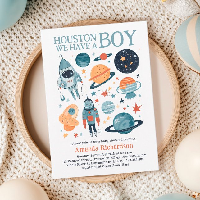 Convite Houston Temos Um Chá de Bebê no Espaço Sideral (Houston We have a boy baby shower invitation)