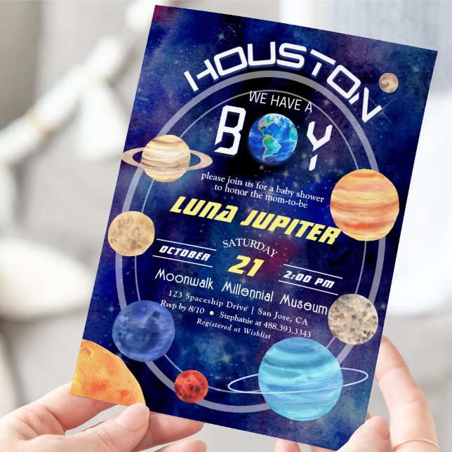 Convite Houston temos um Chá de fraldas de Planetas Espaci (space baby shower)