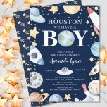 Convite Houston Temos Um Chá de fraldas Exterior<br><div class="desc">Adorável convite de chá para bebês com astronauta,  foguetes,  planetas e estrelas sobre fundo azul escuro. Sacudir o nosso convite para ver uma estrela cadente de volta. Visite nosso compro para toda a nossa linha,  incluindo fralda correspondente e cartões de livro.</div>