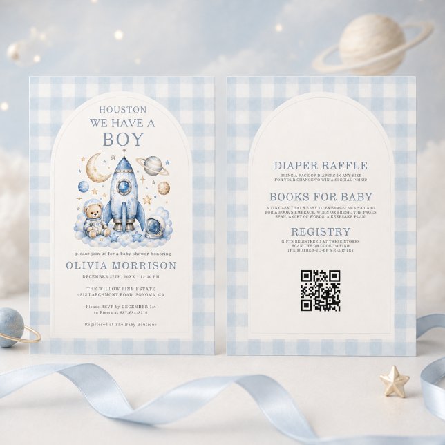 Convite Houston Temos um Menino QR Code Chás de Bebê (Criador carregado)