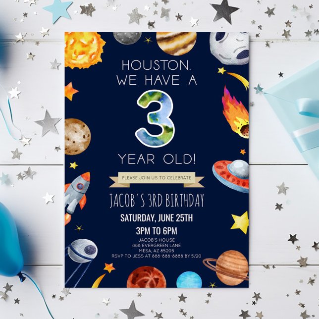 Convite Houston Temos Uma Festa De aniversário de 3 anos D (Criador carregado)