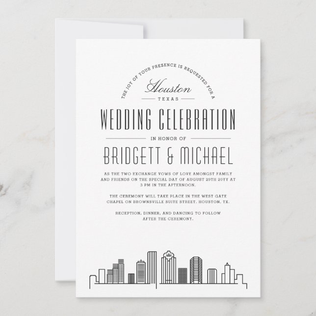 Convite Houston Wedding | Skyline Moderno Deco (Frente)