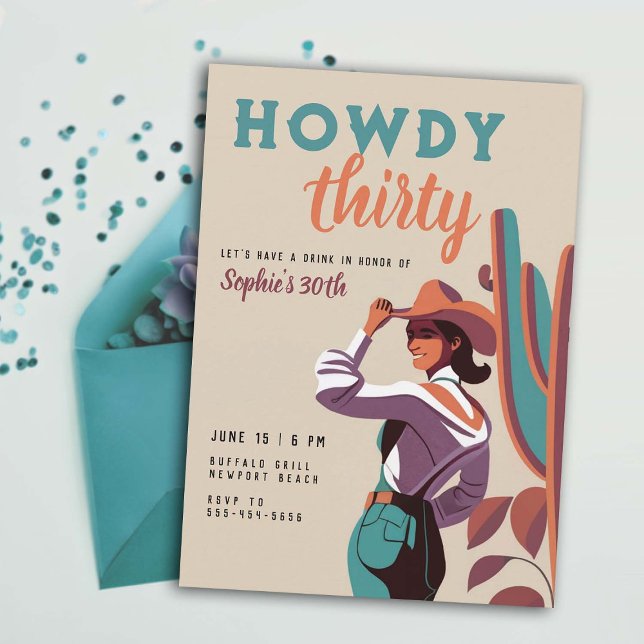 Convite Howdy 30 Retro Country Western aniversário de 30 a (30 birthday invitation for women retro country western desert cactus southwestern howdy thirty)