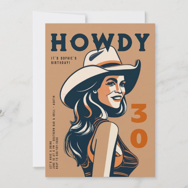 Convite Howdy 30 Western Desert Retro Poster aniversário d (Frente)