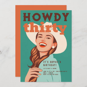 Convite Howdy 30 Western Retro Orange Teal aniversário de